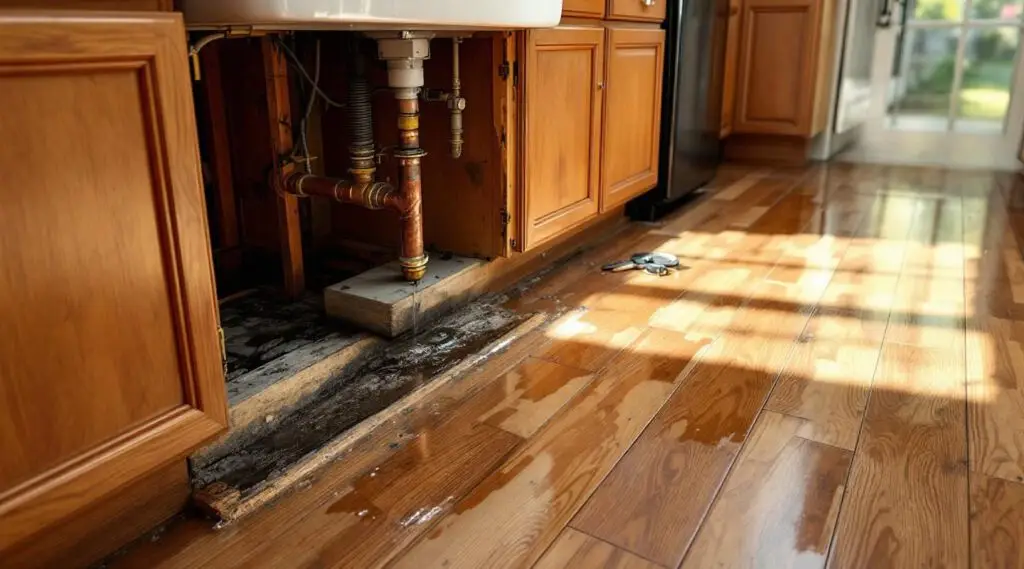 Flooded kitchen floor with water damage restoration technician inspecting an under-sink leak