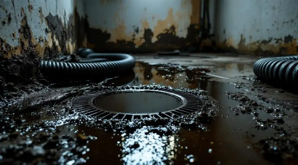 Professional technicians in full PPE cleaning up a severe sewage backup in a Tempe home's flooded basement.