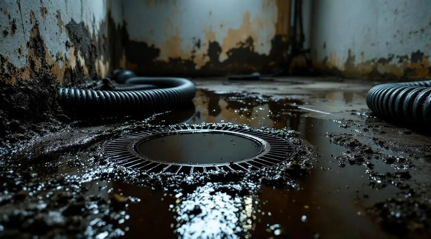 Professional technicians in full PPE cleaning up a severe sewage backup in a Tempe home's flooded basement.