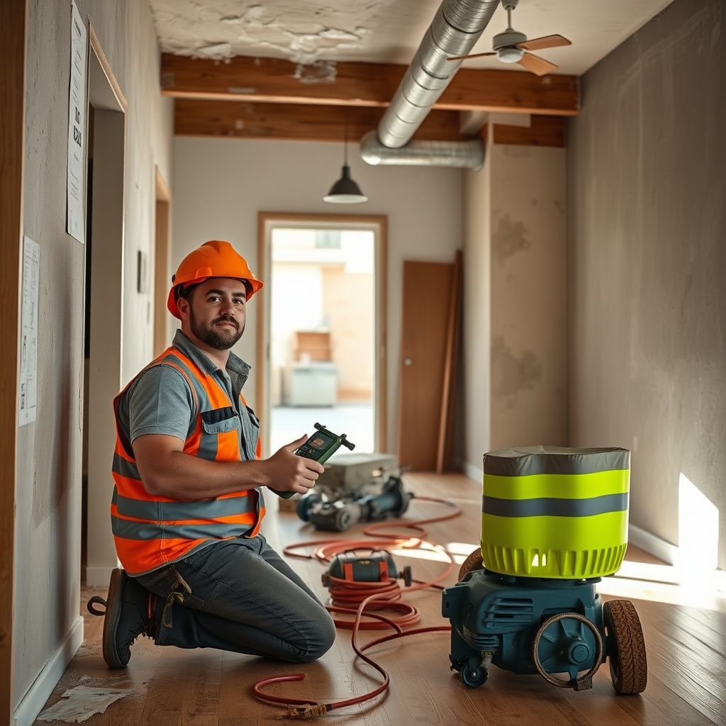 A Right-Nex Restoration LLC technician using a thermal imaging camera to detect hidden moisture behind a wall in a Chandler home.