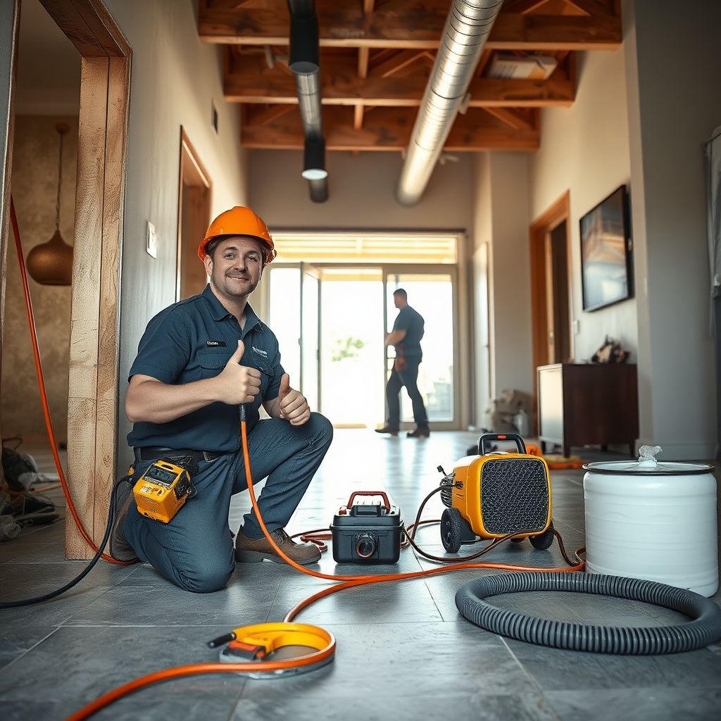 A Right-Nex Restoration LLC technician discussing water damage assessment with a Glendale homeowner, pointing to a moisture meter reading.