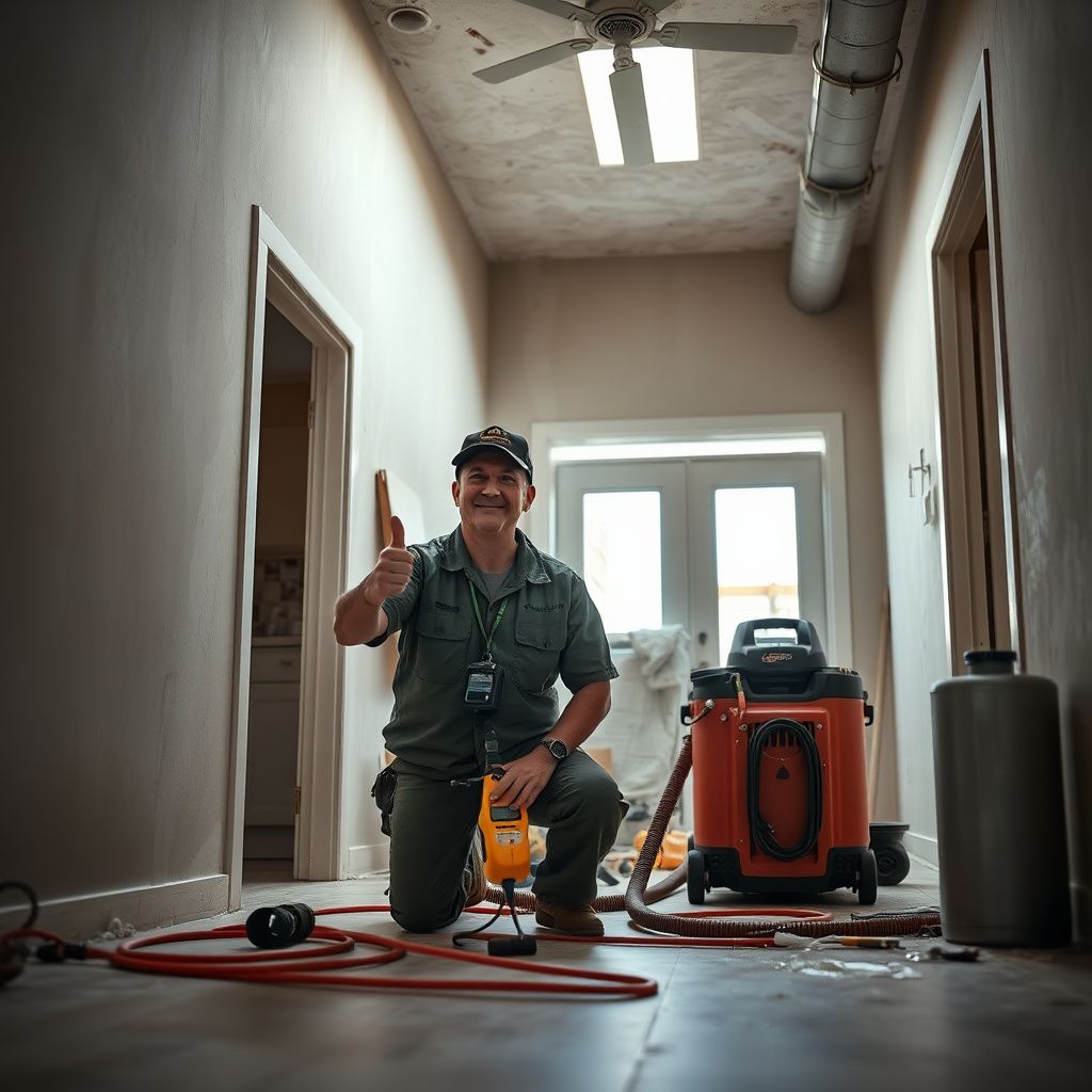 A water damage restoration technician explaining the drying process to a Scottsdale homeowner, pointing to a moisture reading on a device.