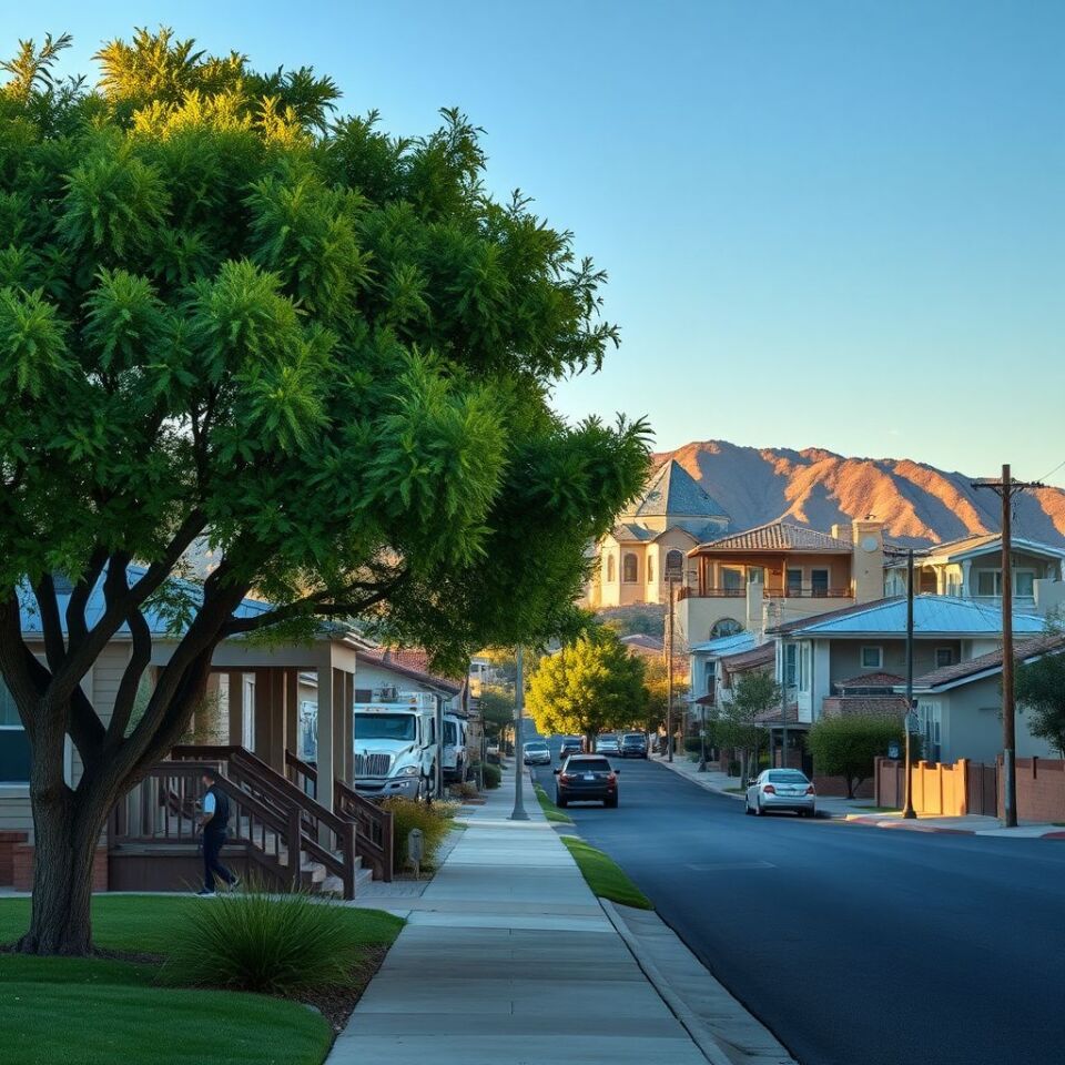 A wide view of a Mesa residential street after a monsoon storm, with a Right-Nex Restoration LLC van parked outside a ranch-style home, technicians assessing a wet exterior wall.