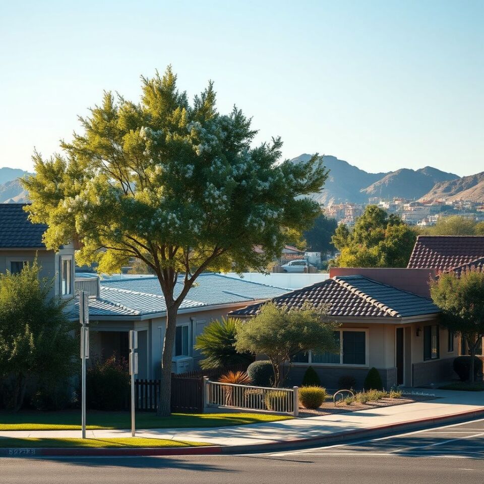 A residential street in Glendale, Arizona, with a restoration van parked outside a stucco home, implying water damage response after a monsoon storm.