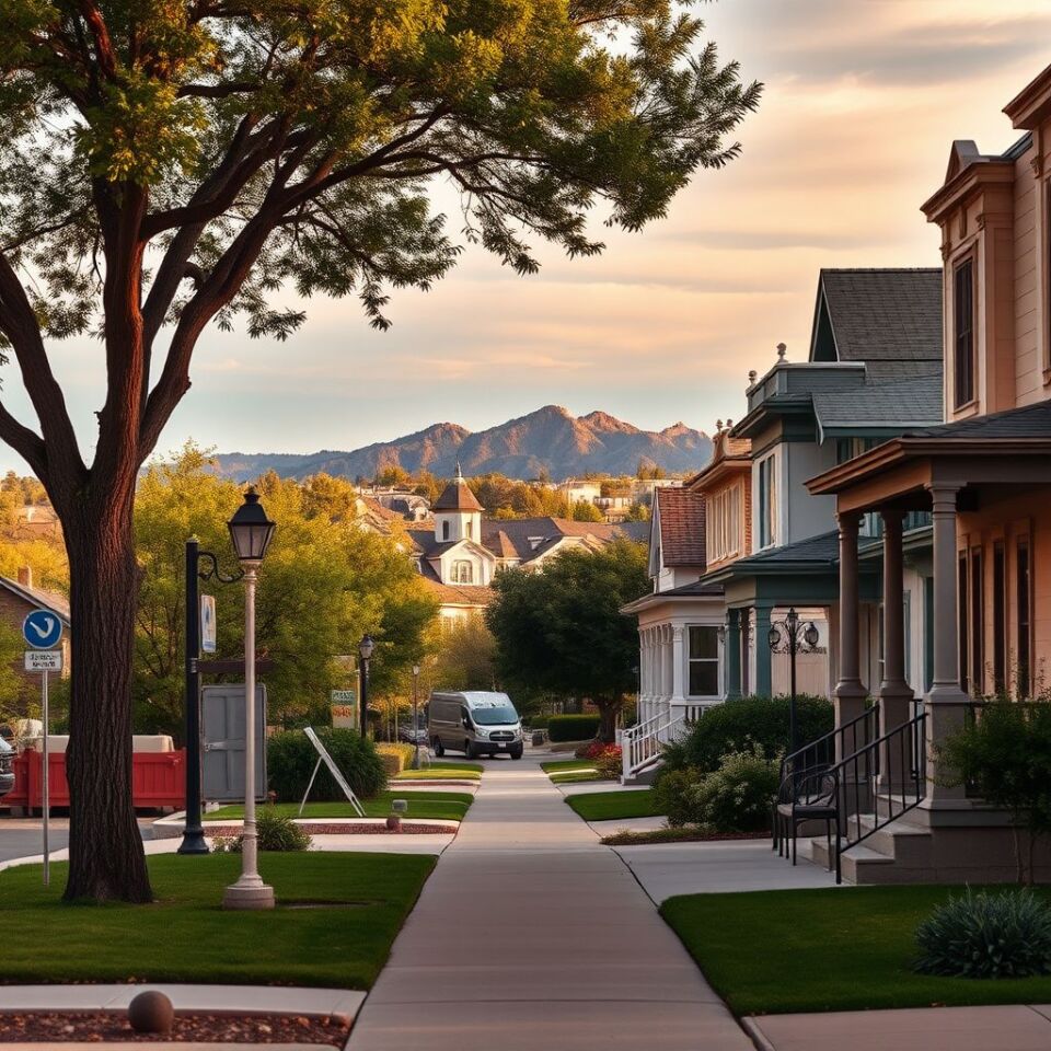 A Phoenix residential street after a monsoon storm, water pooling near a stucco home's foundation, with a Right-Nex Restoration LLC emergency response vehicle visible in the distance.