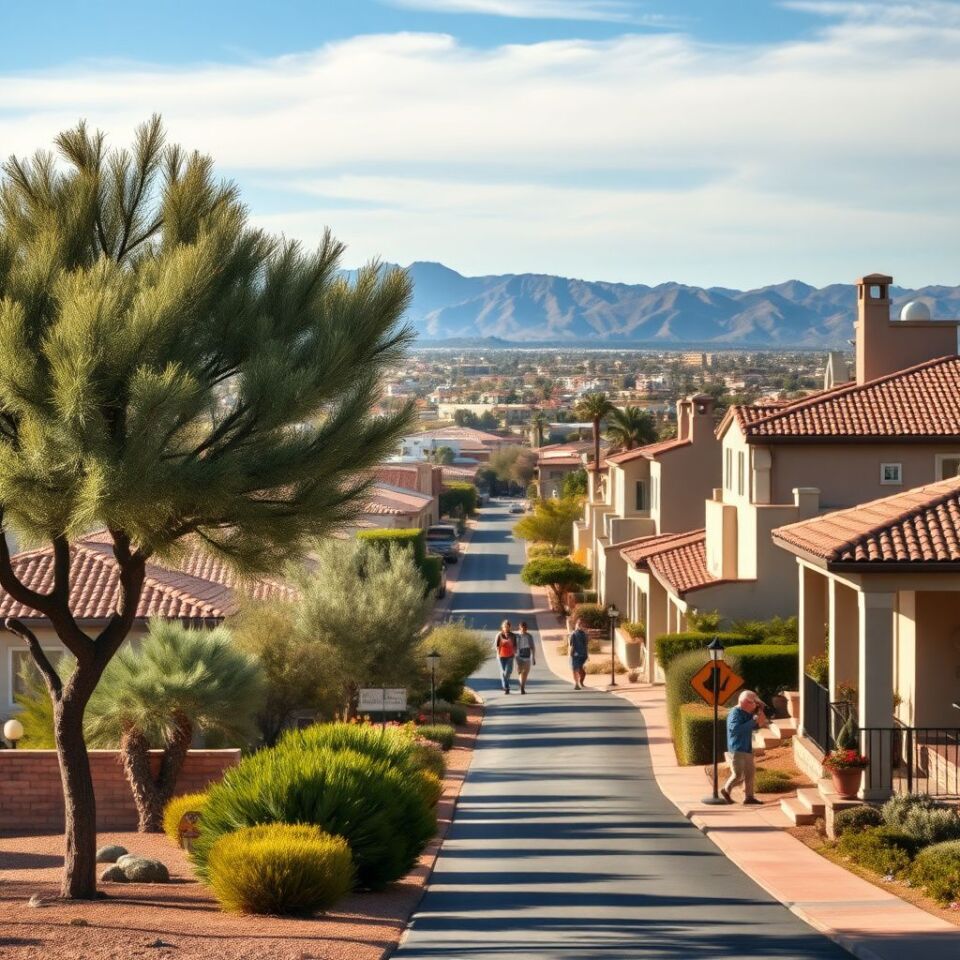 A Right-Nex Restoration LLC service van parked on a residential street in Fountain Hills, Arizona, with stucco homes and distant desert mountains under a clear sky after a rain event.