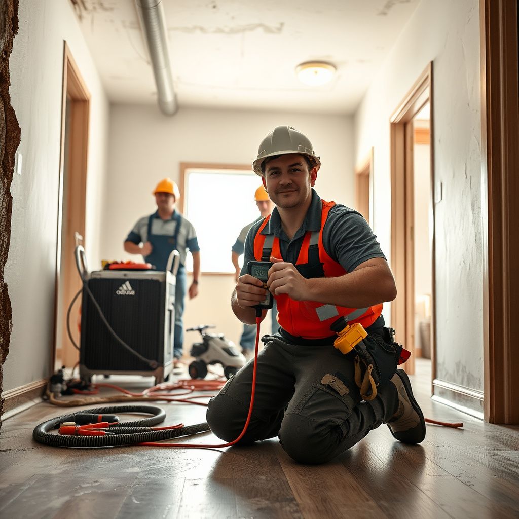 A Right-Nex Restoration LLC technician using a thermal imaging camera to detect hidden moisture behind a wall in a Phoenix home.