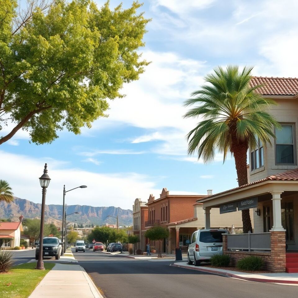 Emergency response vehicle parked on a residential street in Guadalupe, Arizona, with a single-story adobe-style home in the background, showing signs of recent monsoon rain on the street.