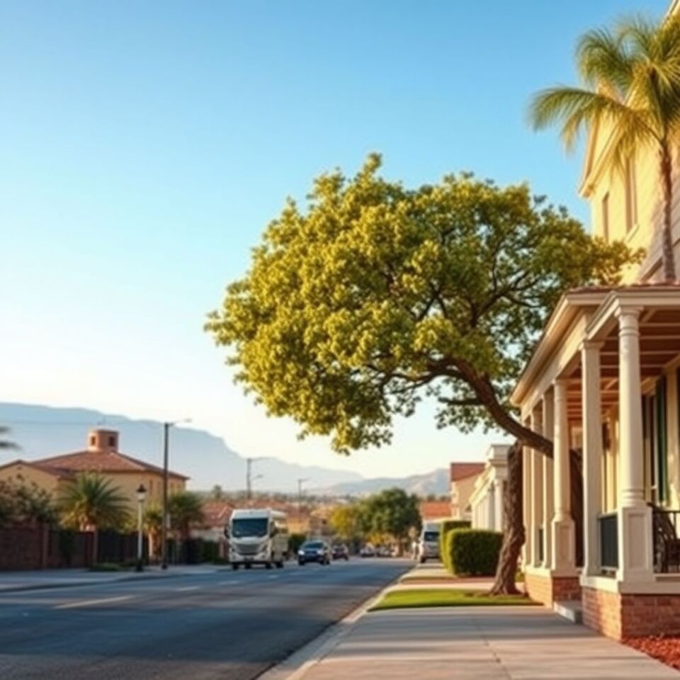 A modern Scottsdale home exterior with desert landscaping, showing a water damage restoration crew assessing a stucco wall after a monsoon storm, with a clear blue Arizona sky.
