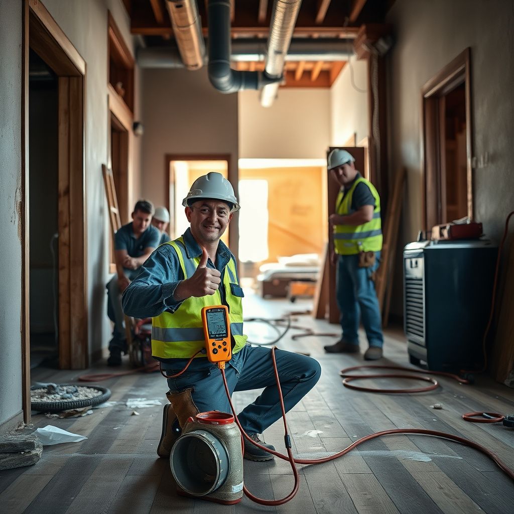 Right-Nex Restoration LLC technician inspecting a wet wall in a modern Gilbert, Arizona home, with advanced moisture detection equipment.